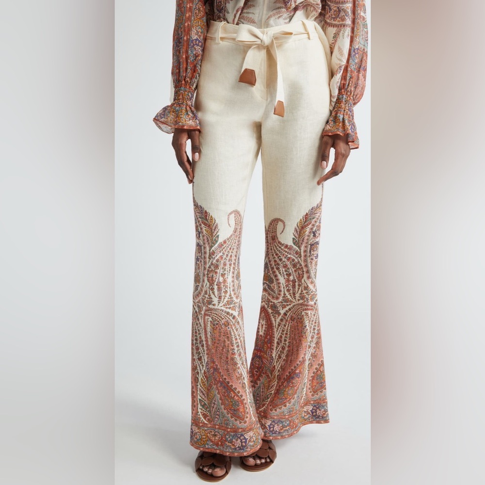 NWT Zimmermann womens belted linen rhiannon flare pant in paisley sz 8